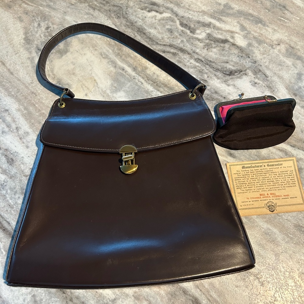 Vintage 1956 Elegant Brown Leather Women's Bag w/ Coin Bag and Card